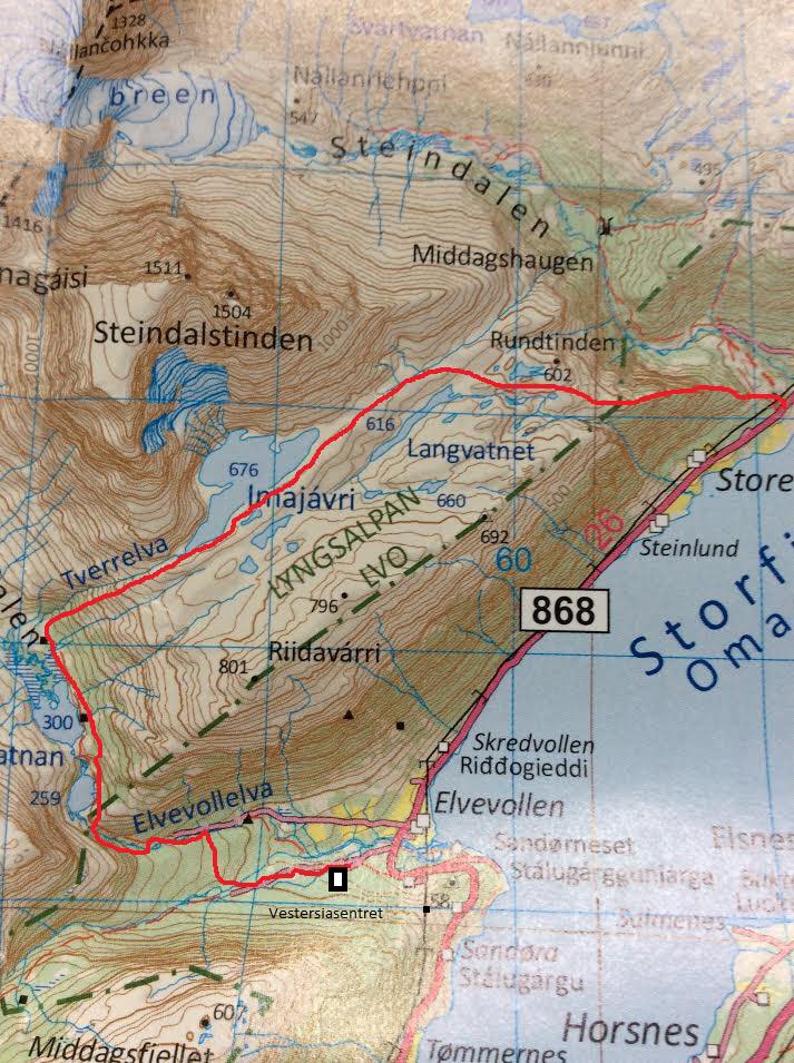 Slik ser turen Steindalen - Elvevoll ut på kartet.